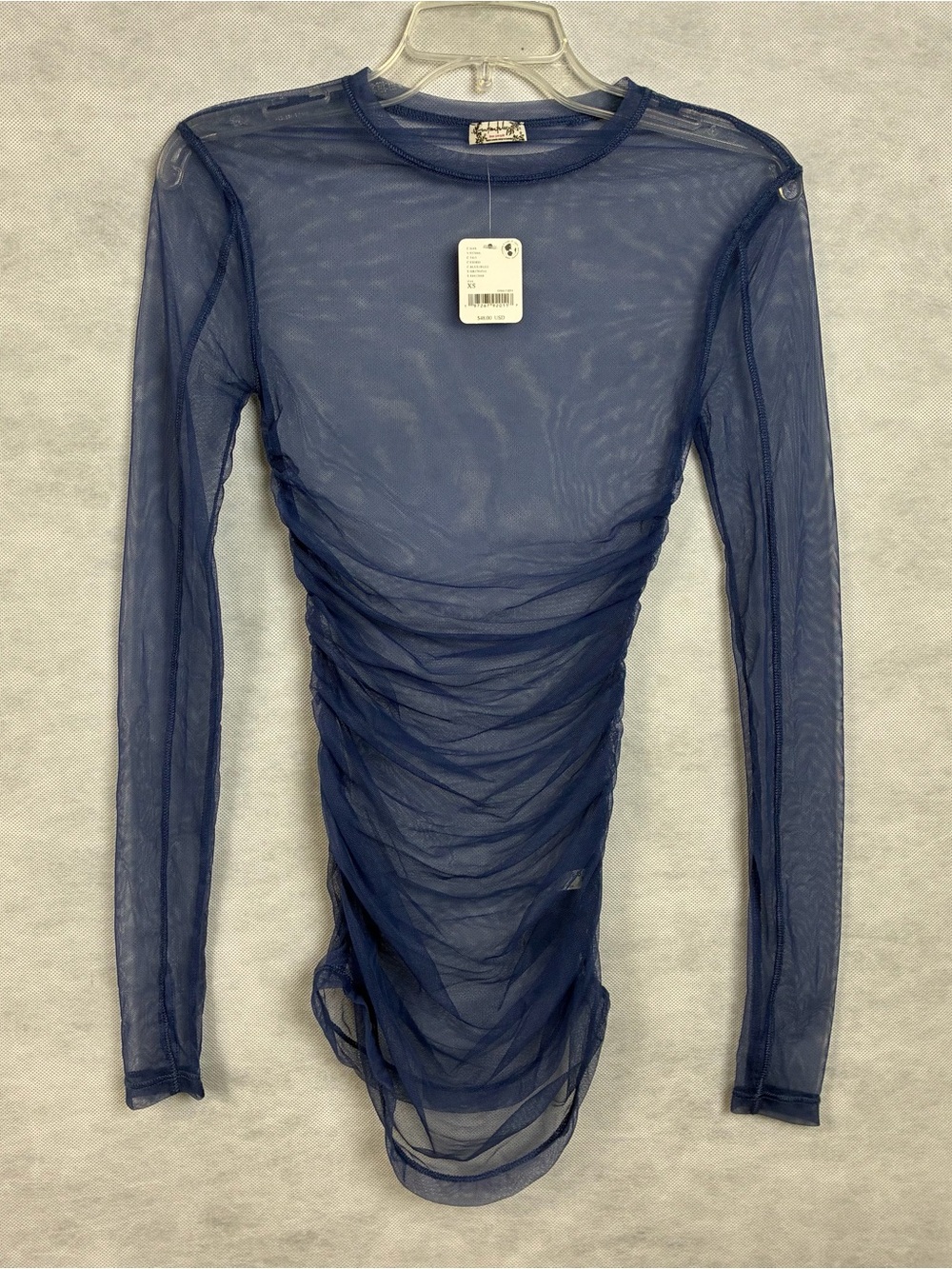 NWT Intimately Free People Ruched Mesh Sheer Long Sleeve Top XS Blue